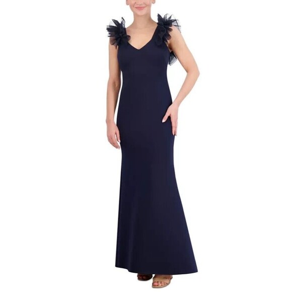 Eliza J Dresses & Skirts - Eliza J Women's Ruffle-Shoulder Mixed-Media V-neck Gown Maxi Dress Navy 12